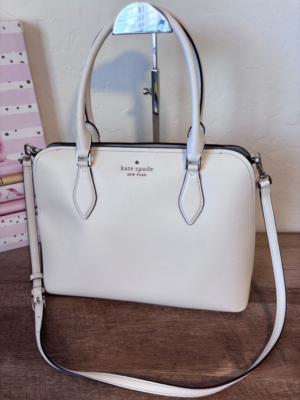 Kate Spade White/ Cream Leather Satchel with Removable Strap
